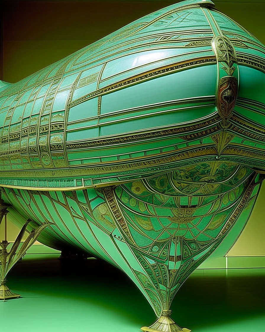 A mint colored airship with fans designed in Mehndi design painted by Juan Gris