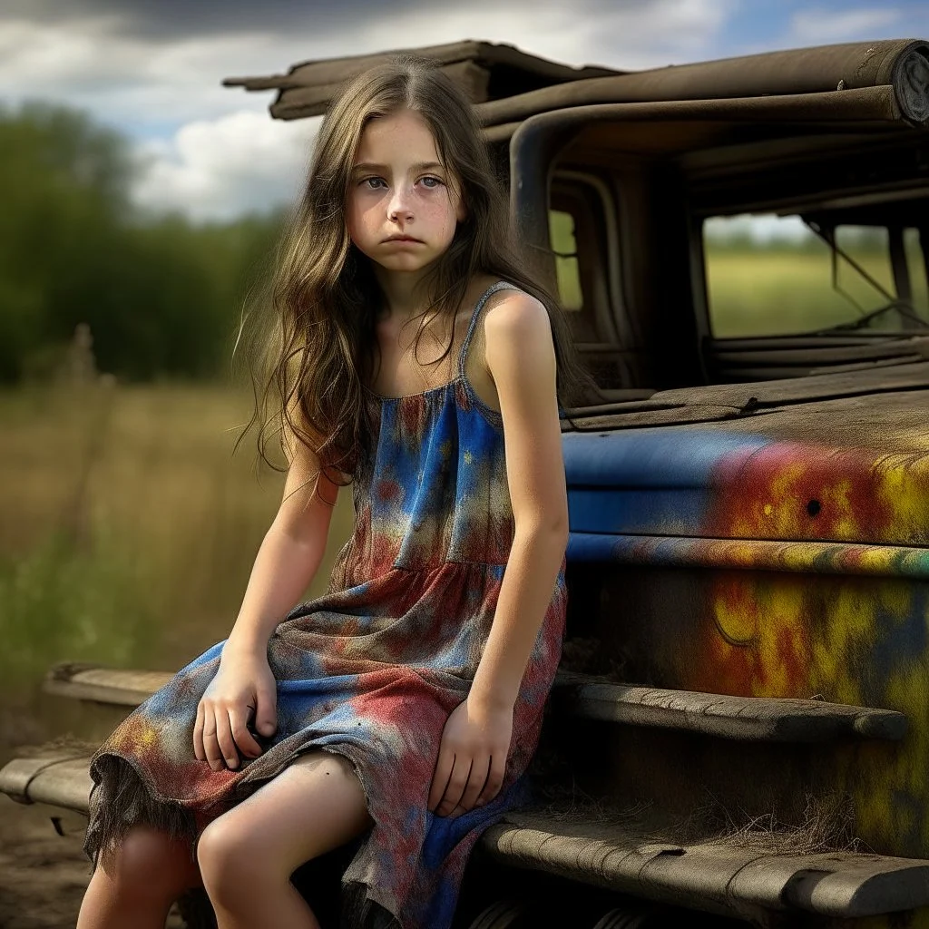 A gritty rough oil image of a gypsy girl sitting on the back of an old rusty truck in a summerscape in the country on a dirt road. The girl has a weathered, determined look, with long, flowing dark hair and a colorful, tattered dress. The