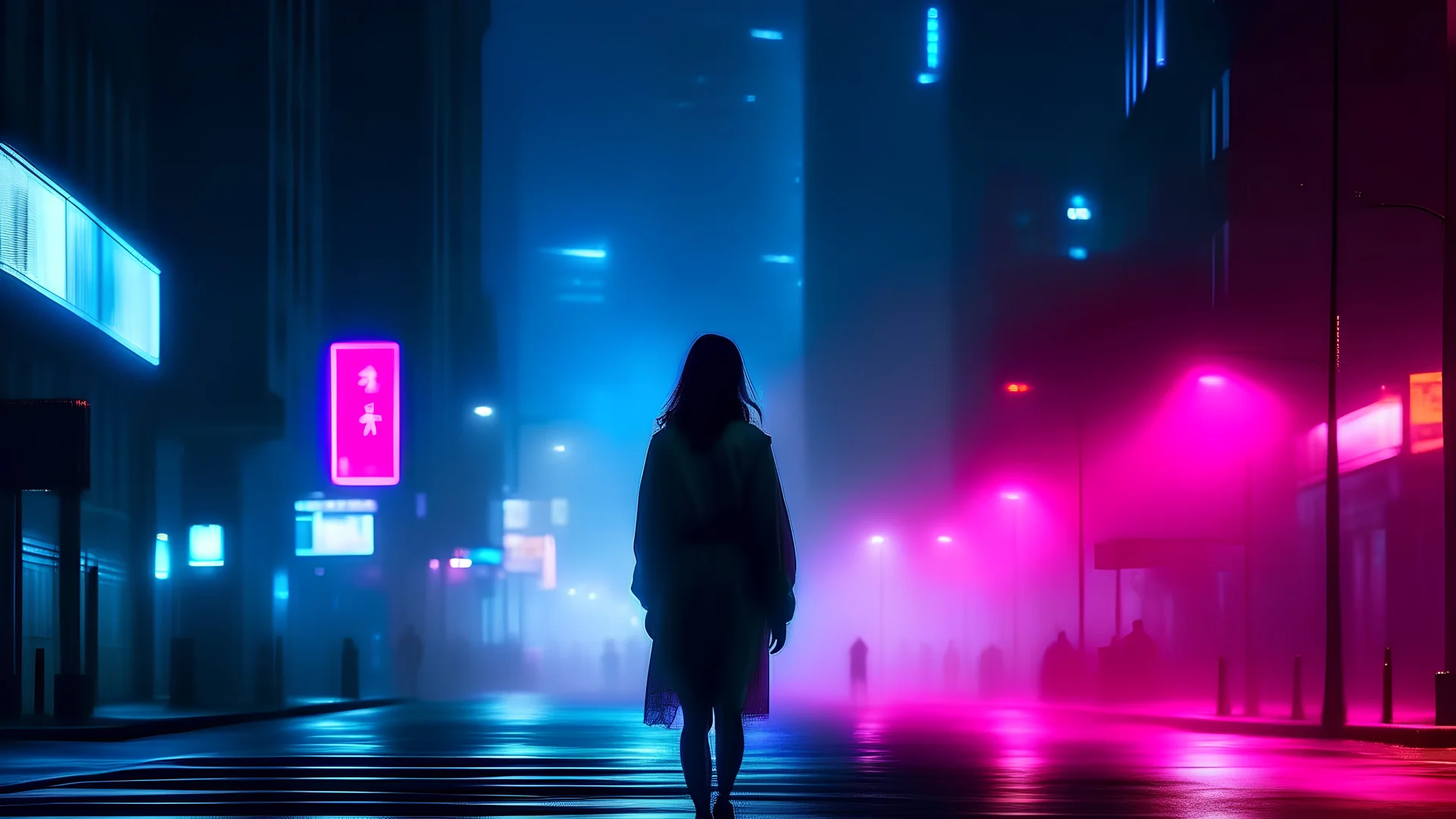 woman night foggy city neon lights traffic walking