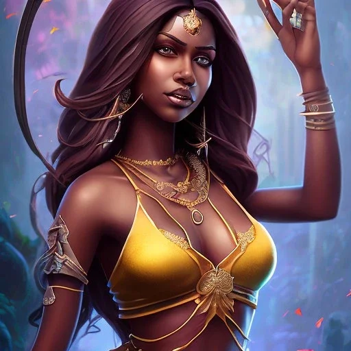 Full body, heroic fantasy, woman, dark skin, Indian, 20 years old, half-hawk haircut, magician, warrior, hourglass body shape, bicolor hair, muscular