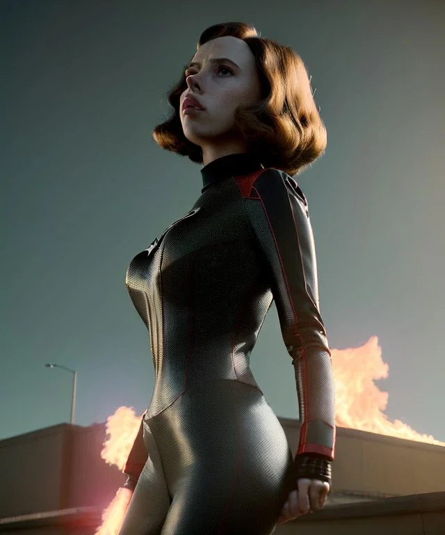 retro sci-fi portrait image from 1960, supermarket parking explosion, fire, classic black widow, young Scarlett Johansson, classic black tight lycra latex suit, retro 1960 superhero style, soft color, highly detailed, unreal engine 5, ray tracing, RTX, lumen lighting, ultra detail, volumetric lighting, 3d, finely drawn, high definition, high resolution.