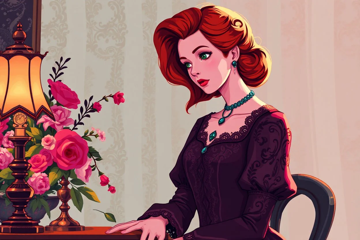 pixel art, A vintage-style illustration featuring a woman with red hair in an ornate dress, gazing thoughtfully near a lamp and floral arrangement, with soft, colorful lighting enhancing the ambiance.