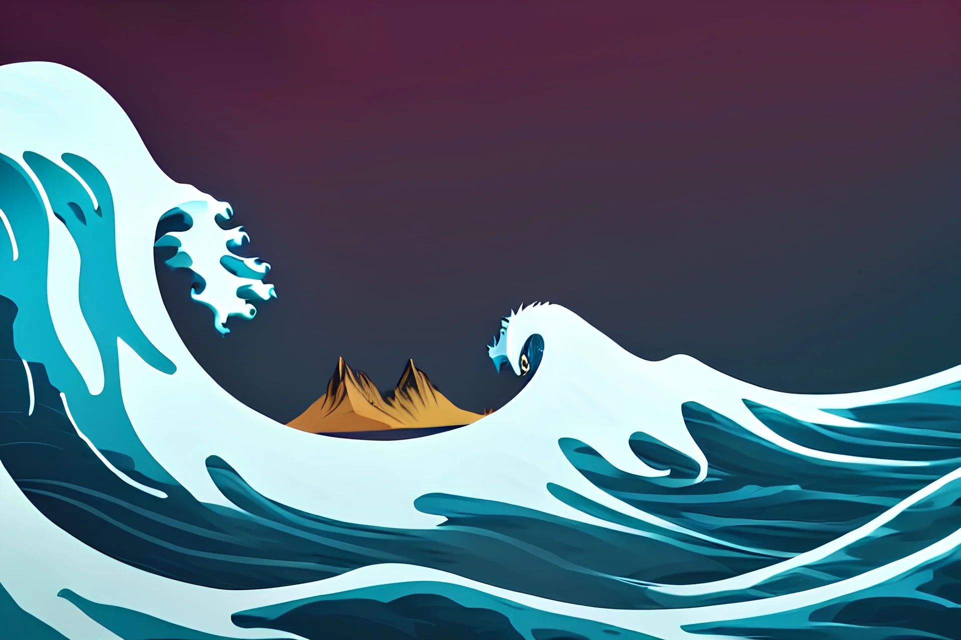 the great wave transforming into the head of a wolf from the side and a prominent sunset in the background as vector art