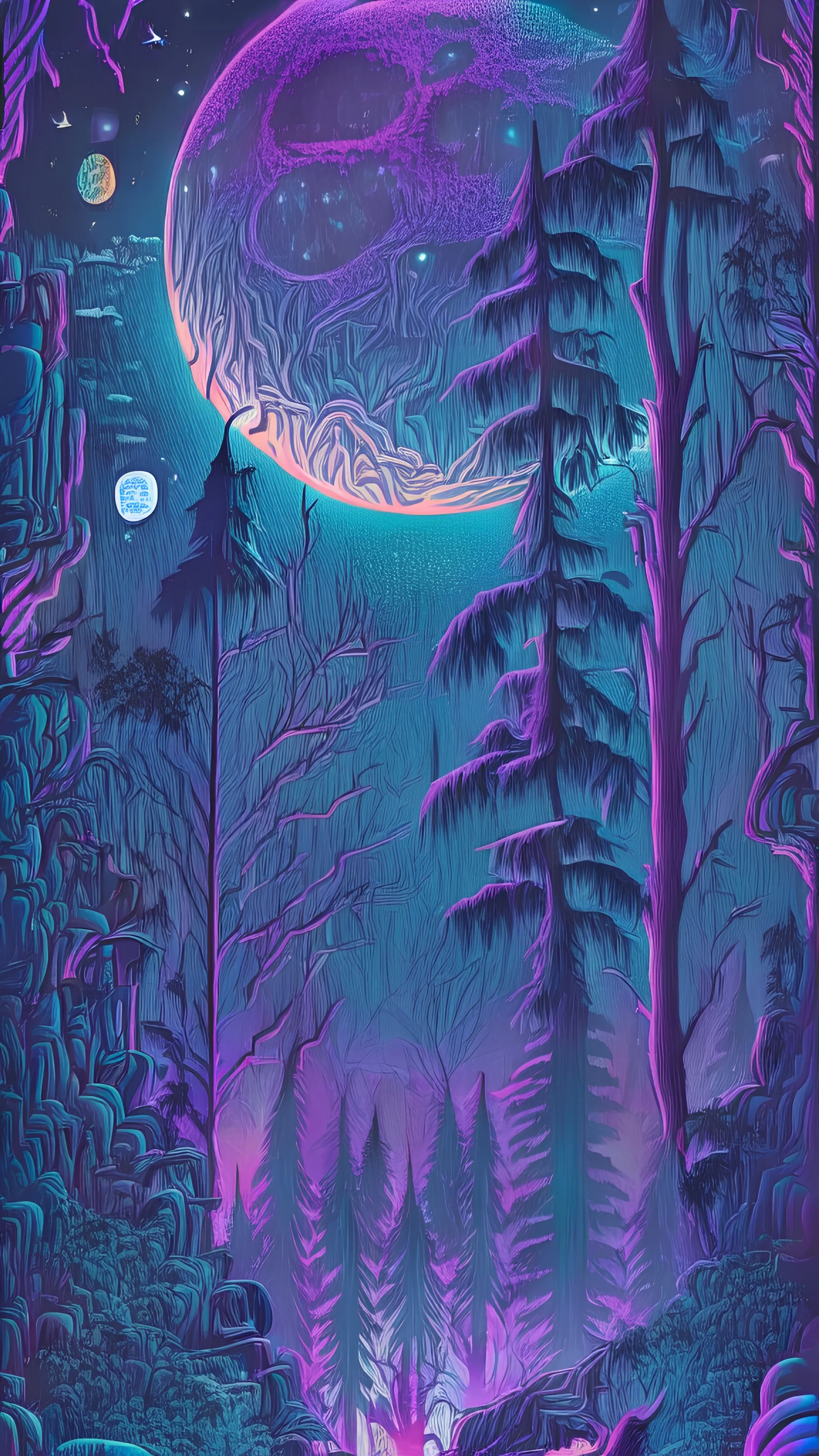 black night moon sky ,trippy tapestry Enchanted forest , 70's Retro synthwave poster , Sharp focus, High quality, Illustration, Highly detailed, , purple Neon color, Creative, 8K, Trending on Artstation,