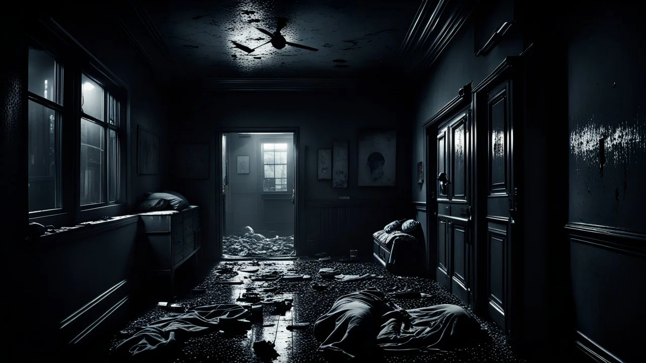 Hogyan is érthetné a második emeleti lakó a földszinten élő nyomorúságát? high contrast, detailed, thriller, deep dark colors, gloomy, cinematic