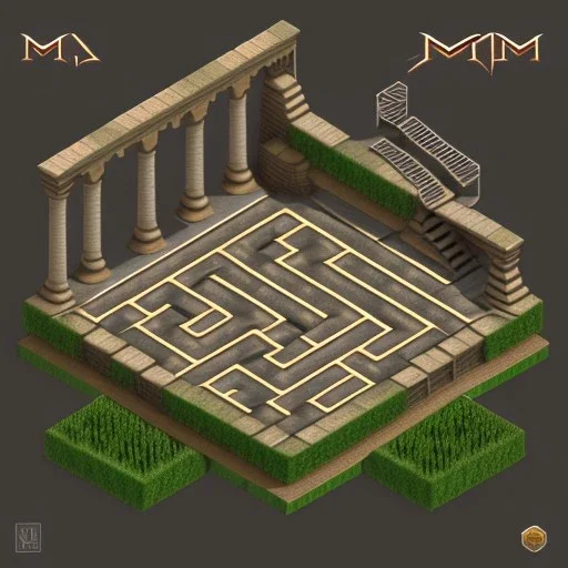 3d isometric labyrinth with stairs and pillars