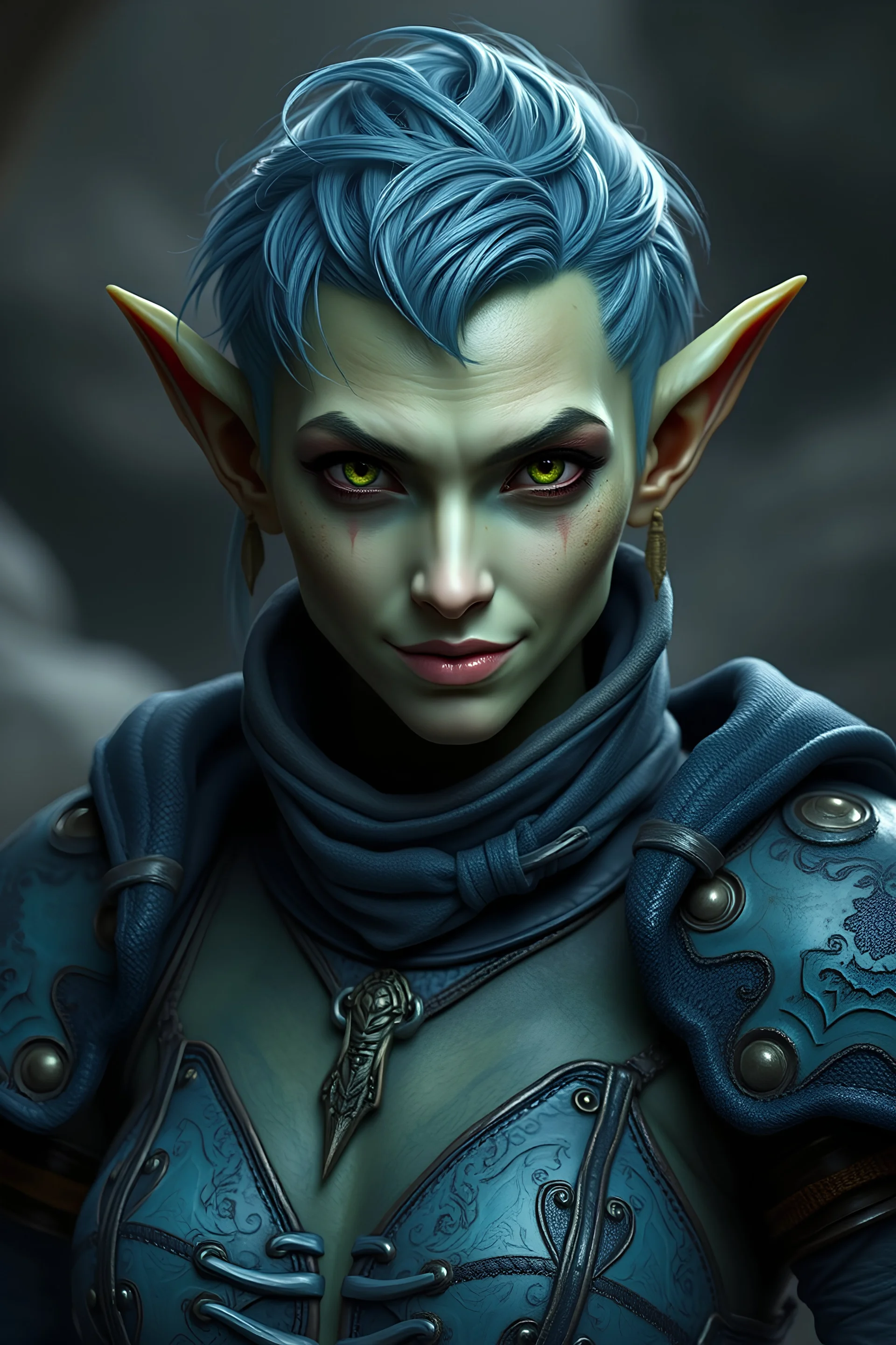 50 year old water genasi sorcerer with weathered green skin, green eyes, short blue-green hair, fin-like ears, and a half smile wearing blue and black leather armor