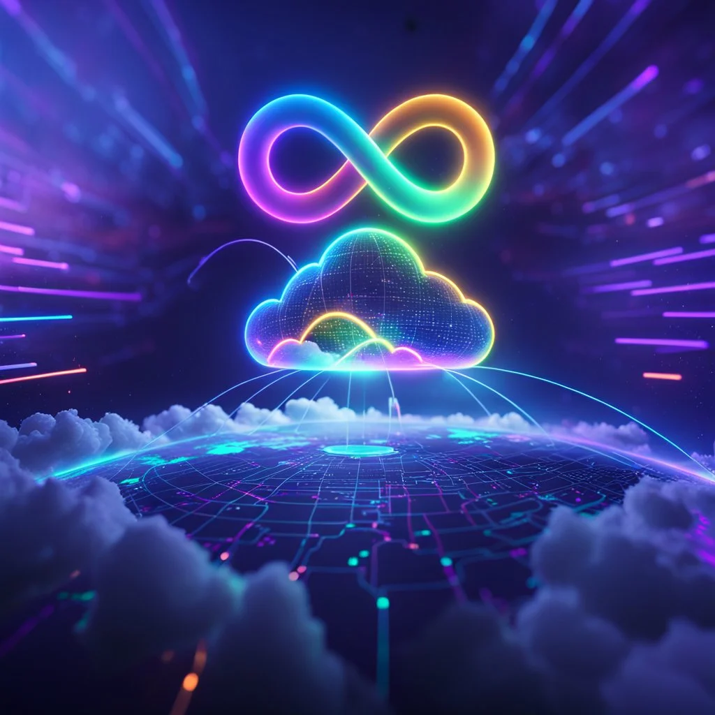 Colourful 3D glowing infinity symbol ∞, hovering above a colourful glowing cloud, network and lights coming from the cloud onto a futuristic map of the globe, inspiring, neon, glowing, friendly, beautiful, octane render, 8k post-production, artstation: award-winning: atmospheric: commanding: fantastical: clarity: 16k: ultra quality: striking: brilliance: liquid medium: stunning colors: amazing depth; lens: f/8, 28mm