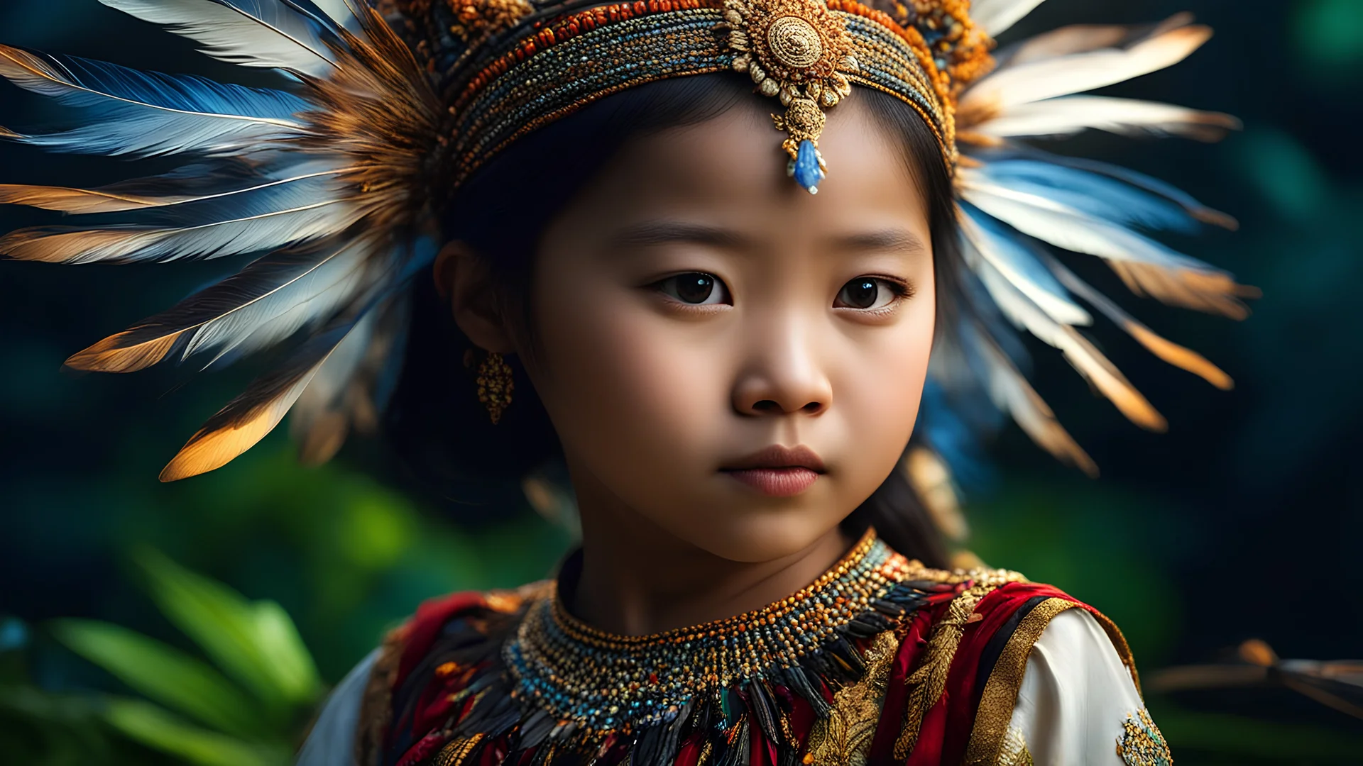 little young Sarawak Kelabit Christian girl, peaceful, gentle, calm, wise, traditional Kelabit costume, perfect eyes, exquisite composition, night scene, fireflies, stars, beautiful intricate insanely detailed octane render, hornbill feathers, 8k artistic photography, photorealistic concept art, soft natural volumetric cinematic perfect light, chiaroscuro, award-winning photograph, masterpiece, raphael, caravaggio, William-Adolphe Bouguereau, alma-tadema