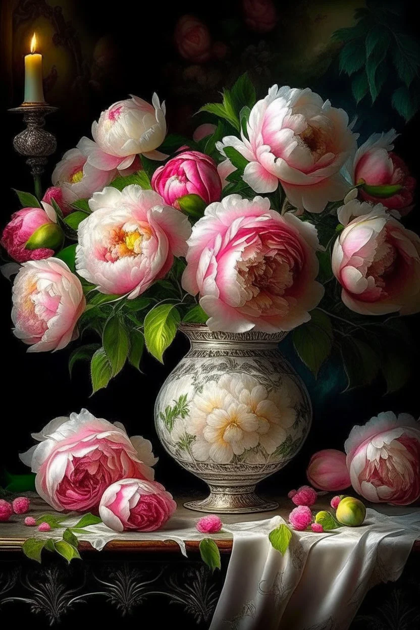 a magnificent, huge bouquet of white and bright pink peony-shaped roses on the table, a beautiful tablecloth, candles, a white vase, hyperphotorealism, mega-volume watercolor,impressionism,ultra-detail,filigree, cinematic, symmetry,many details,dark botanical, beautiful illumination from the inside, soft play of shadows and light, lumen,octane, aesthetically pleasing,beautiful, dim lighting,5d,64k,600dpi,30mm lens,1/250s, f/2.8,ISO5000