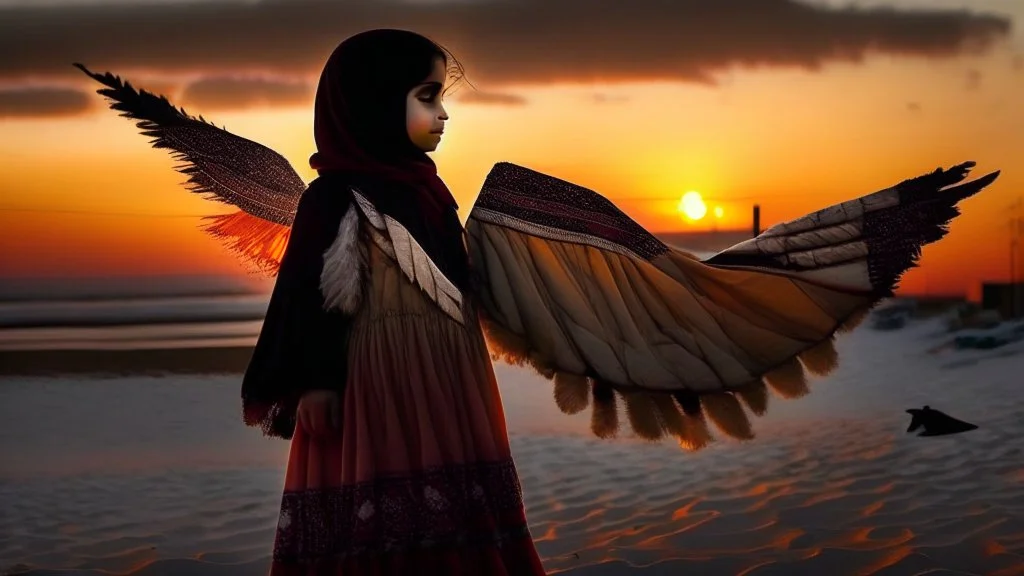 A Palestinian girl have tow wings wearing an palestinian dress in gaza during sunset in winter.