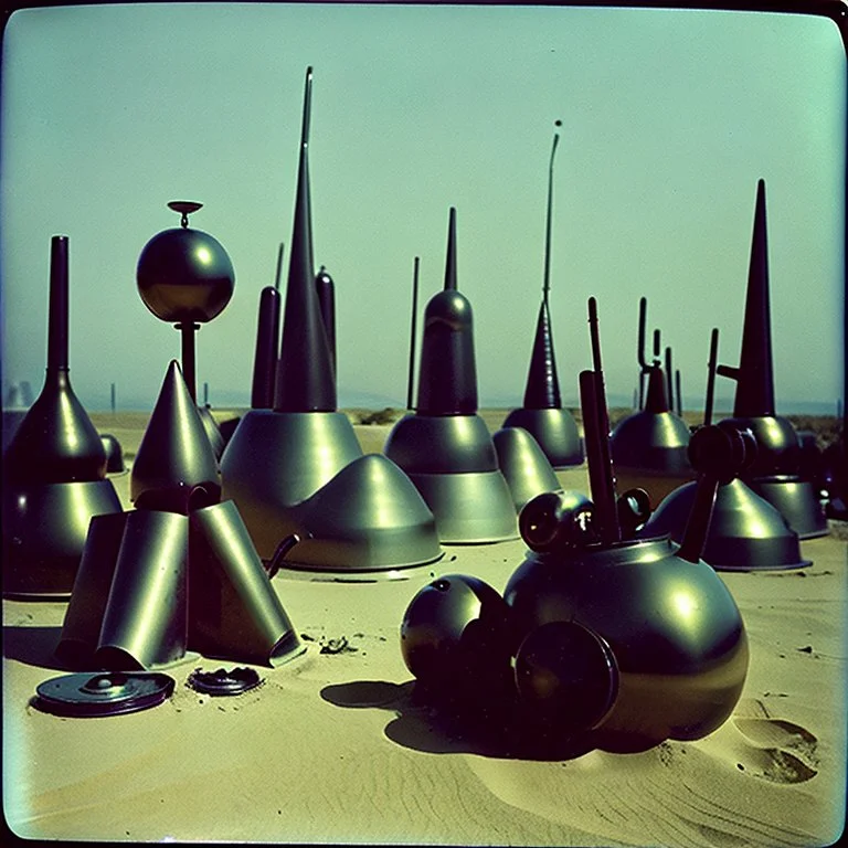 Odd spindle-shaped objects scattered over an arid surface, nothingness, close-up, polaroid, in Yves Tanguy style, nightmare, highly hypermaximalist