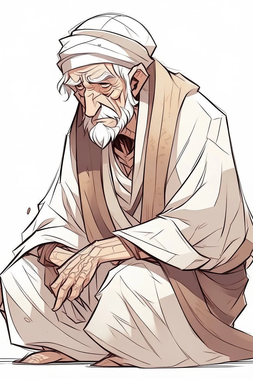 "Draw an old person wearing old traditional Arab clothes, hunched back he looks weak in anime style