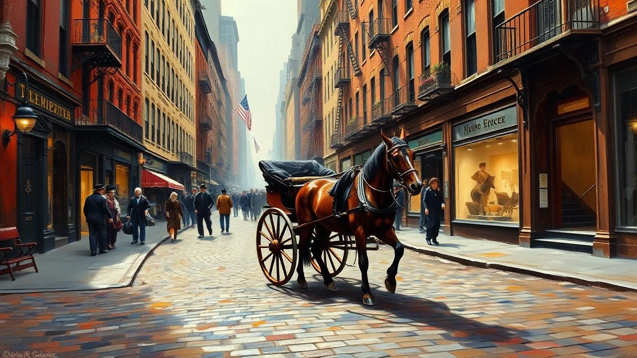 An oil painting of a New York City cobblestone street with a elegant horse and carriage in 1880, with vibrant colors and masterful brushstrokes reminiscent of Dutch Golden Age painting. The scene captures the stillness of the moment and the energy of a bustling community, with Baroque lighting techniques enhancing the textures and depth.