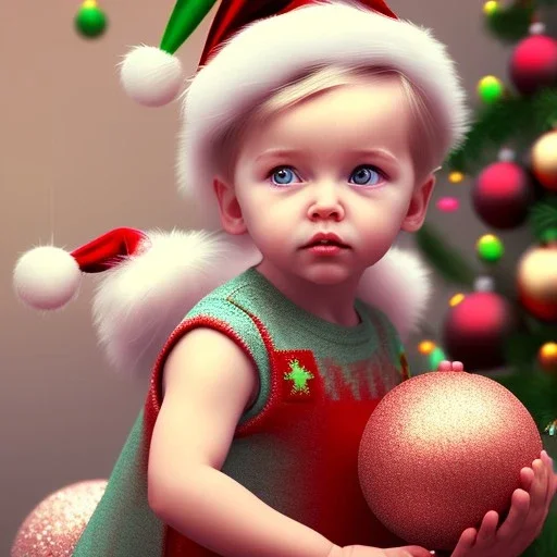 super Cute Christmasy toddler, magnificent, majestic, Realistic photography, incredibly detailed, ultra high resolution, 8k, complex 3d render, cinema 4d.