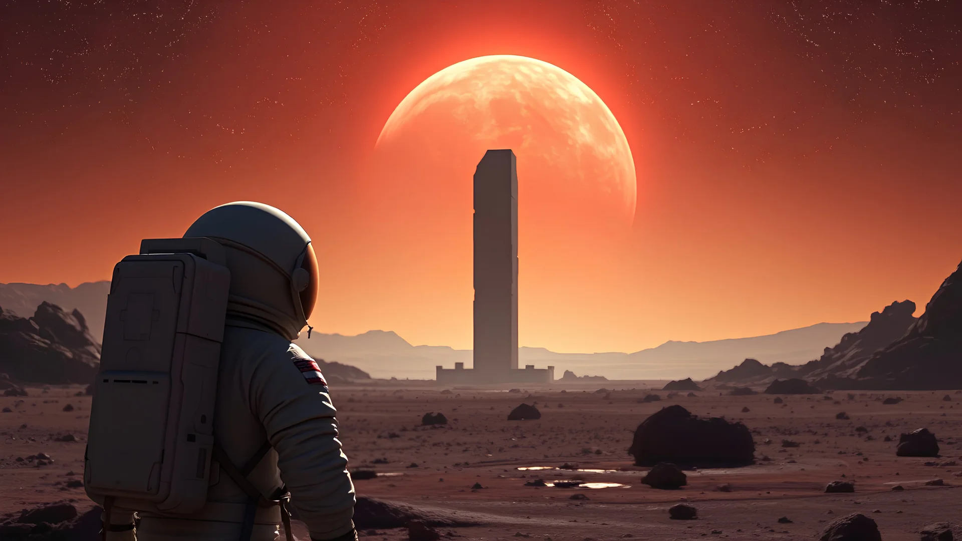 Astronaut staring at a mysterious monolith standing prominent in a Martian landscape