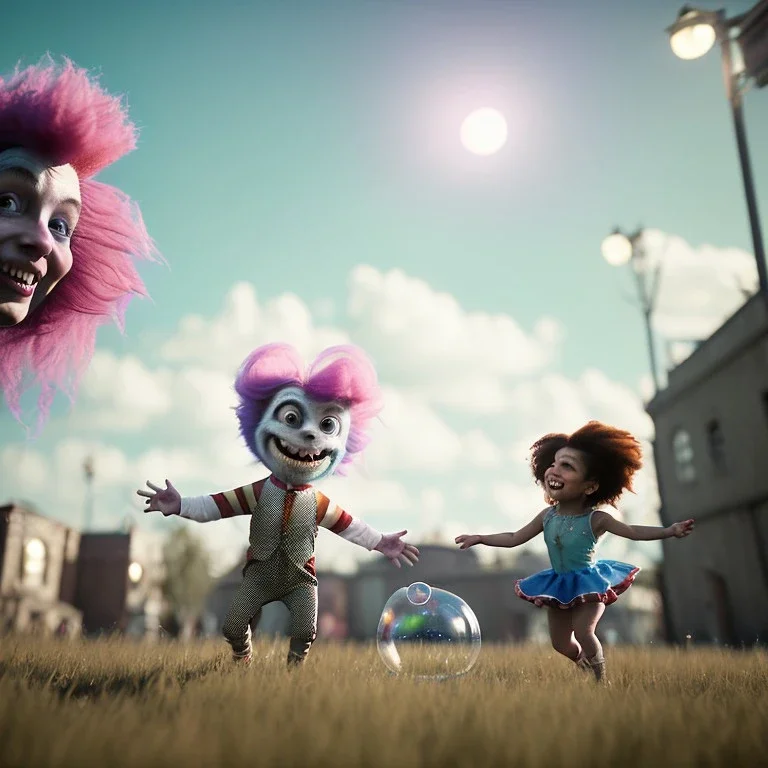 Ultra realistic circus scene. Sweet hair monster and Child’s playing, smile, happy, color bubbles, smooth color, waist up view, Wes Anderson style, dark ambient, highly detailed, concept art, unreal engine 5, god rays, ray tracing, RTX, lumen lighting, ultra detail, volumetric lighting, 3d, finely drawn, high definition, high resolution.