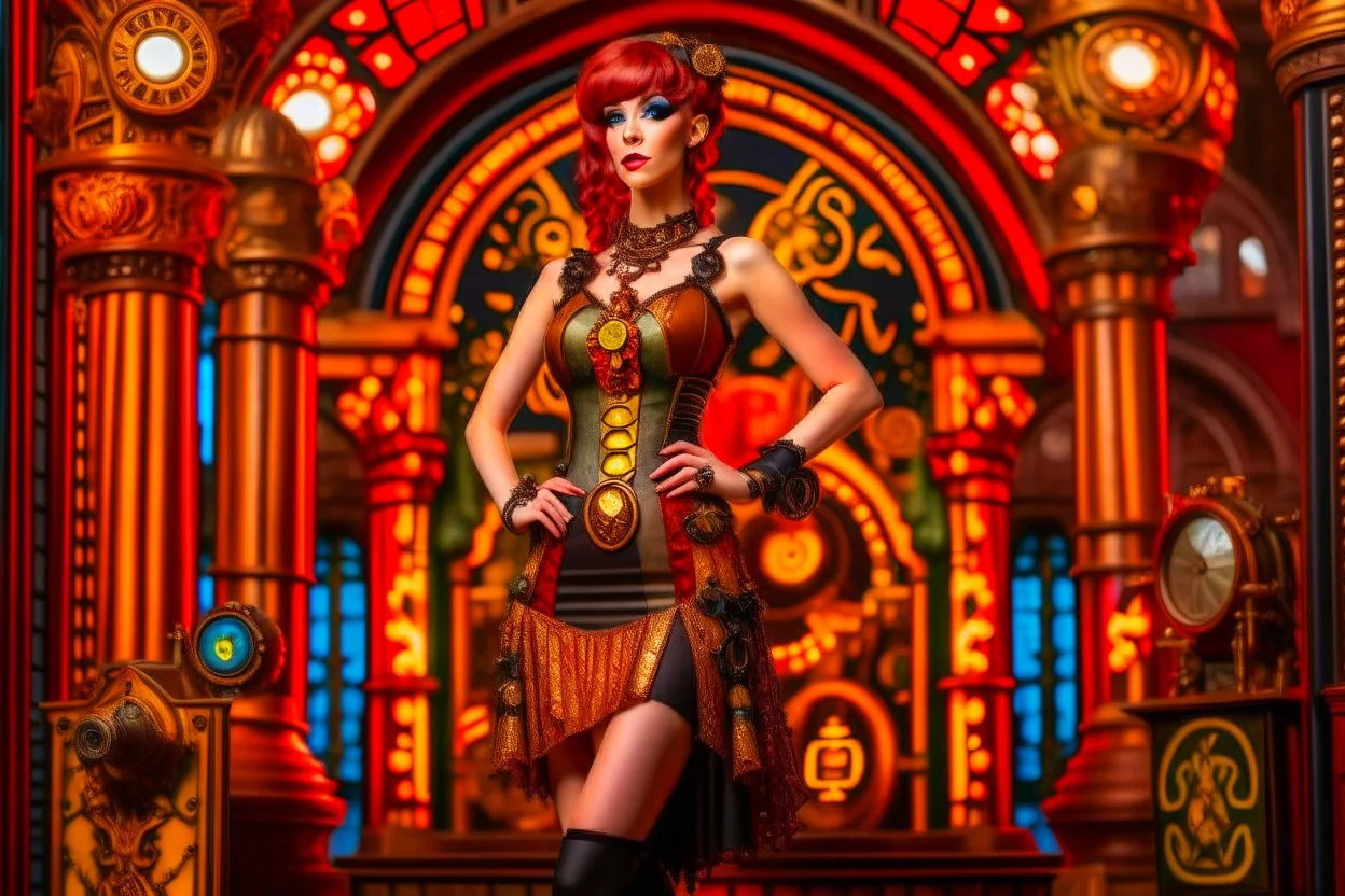 full body shot of a skinny Cleopatra, with a bob red hairstyle, standing in a steampunk setting.