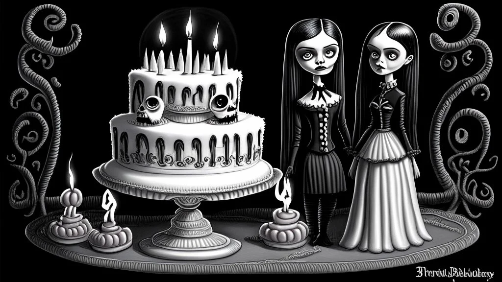 draw a birthday cake with logo number 23 or one candle 23 .Insanely detailed Addams Family movie still with Barbie dolls, art by tim burton