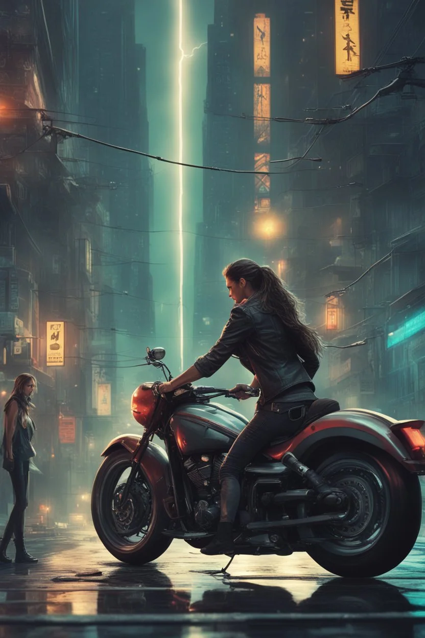 Science fiction, cyberpunk, city street, couple girl and guy, together, love at first sight, forbidden love, storm, lightning, motorcycle