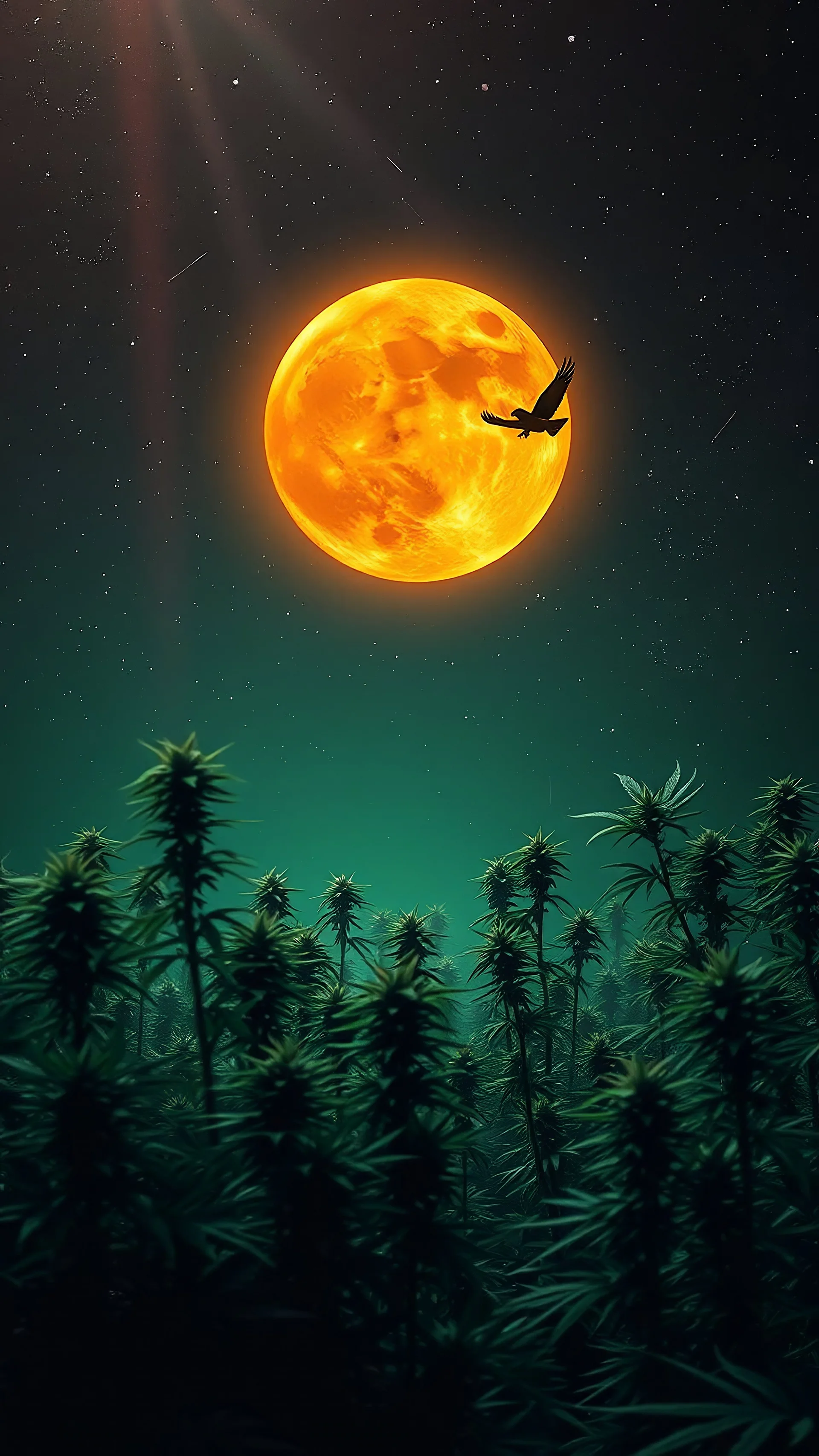 Orange moon landscape on green planet, space meteorites, stars in the night sky, fantasy plants on theof marijuana trees split toning effect, subsurface gaussian scattering, dark fantasy, dark botany, photorealistic image, ultra-details, Marijuana trees bird flying in to the sun