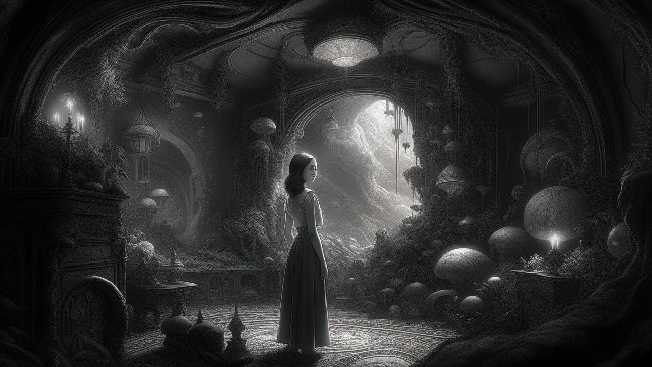 woman in a mysterious room, surrounded by an eerie shimmering garden, by mike davis Gaston Bussiere, black and white, detailed painting, coherent, 4k, hd, high resolution, very detailed, trending on artstation, masterpiece,