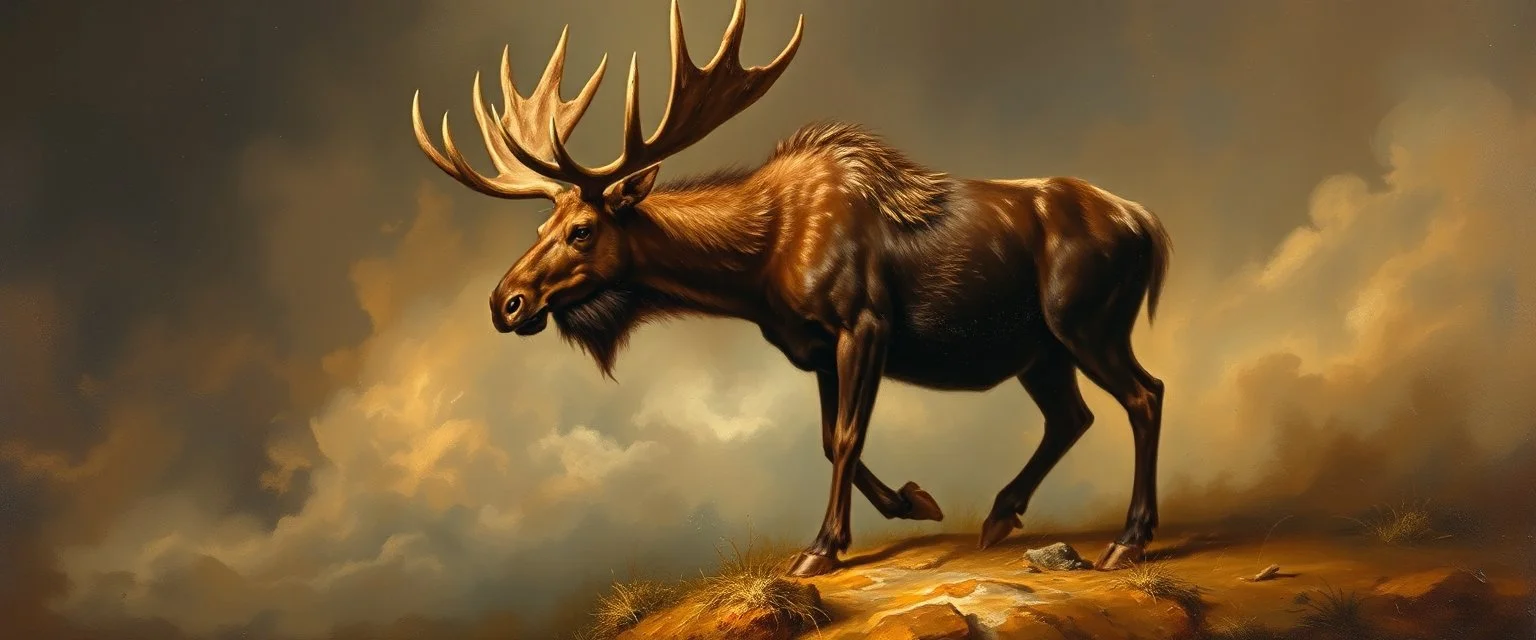 master oil painting by Rembrandt, moose dragon