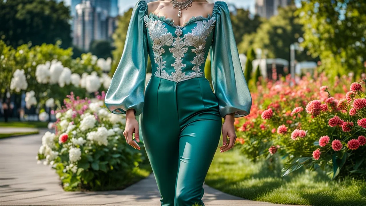 fullbody girl makeup wearing a dark green-silver victorian top and pants walking in moder city of 2040 park ,flowers ,pretty clouds in blue sky,city escape.