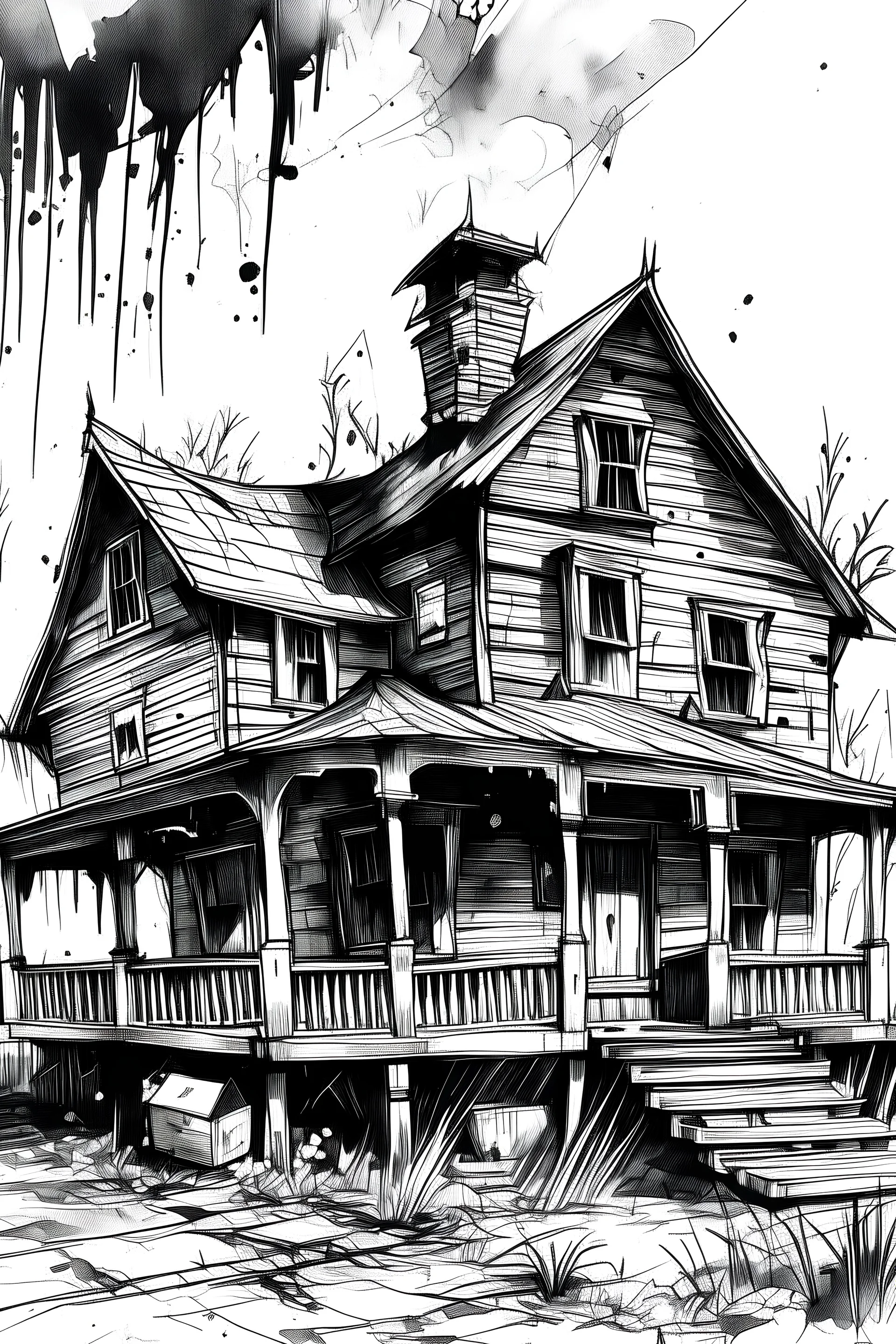 old house black and white drawing with a hint of water color paint