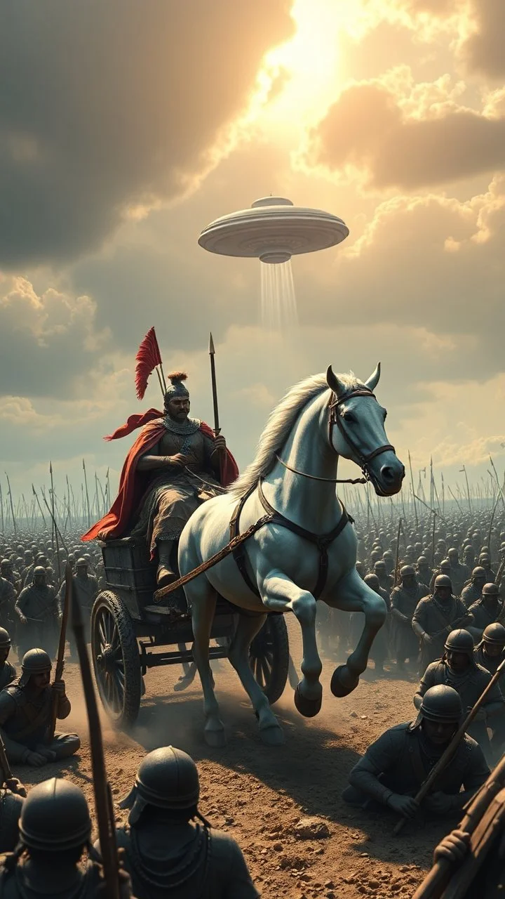A chariot with two white horses on it a Sumerian warrior is leading war behind him thousands of soldiers and ufo hovering in the far distance in the sky
