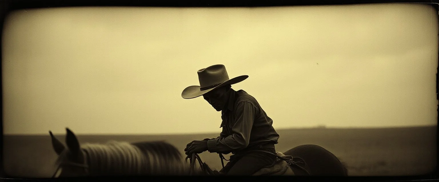 STYLE: gritty 19th-century gothic photography, Zdzisław Beksiński surrealism.Titian, Rembrandt Caravaggio chiaroscuro, tactile analog grain, pinhole-camera softness, heavy vignetting, scratched emulsion, rugged irregular photo border. SCENE: alien cowboy, completely absorbed in the mundane task.