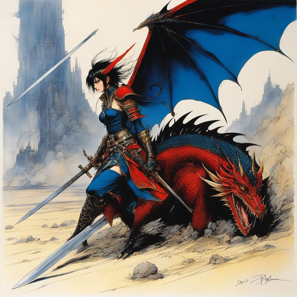 [art by Ralph Steadman] Masamune Shirow style:Beside her, the fallen body of a small dragon lay still, its once fearsome visage now a mere memory of its former glory. The elf warrior's sword, coated in the dragon's blood, stood defiantly through the creature's head, its tip embedded in the unforgiving ground. With one hand firmly grasping the pommel of the sword, she exuded a sense of triumph and determination.