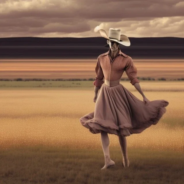 A lonesome cowboy in a ballerina dress is dancing in the prairie