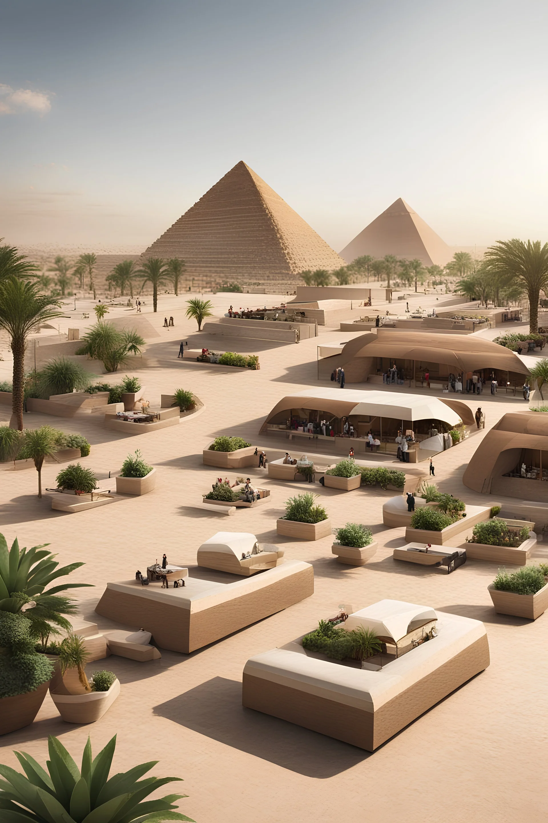 P public area of the pyramids, including modern seating areas with planters, sweet cars, and tourist bazaars.