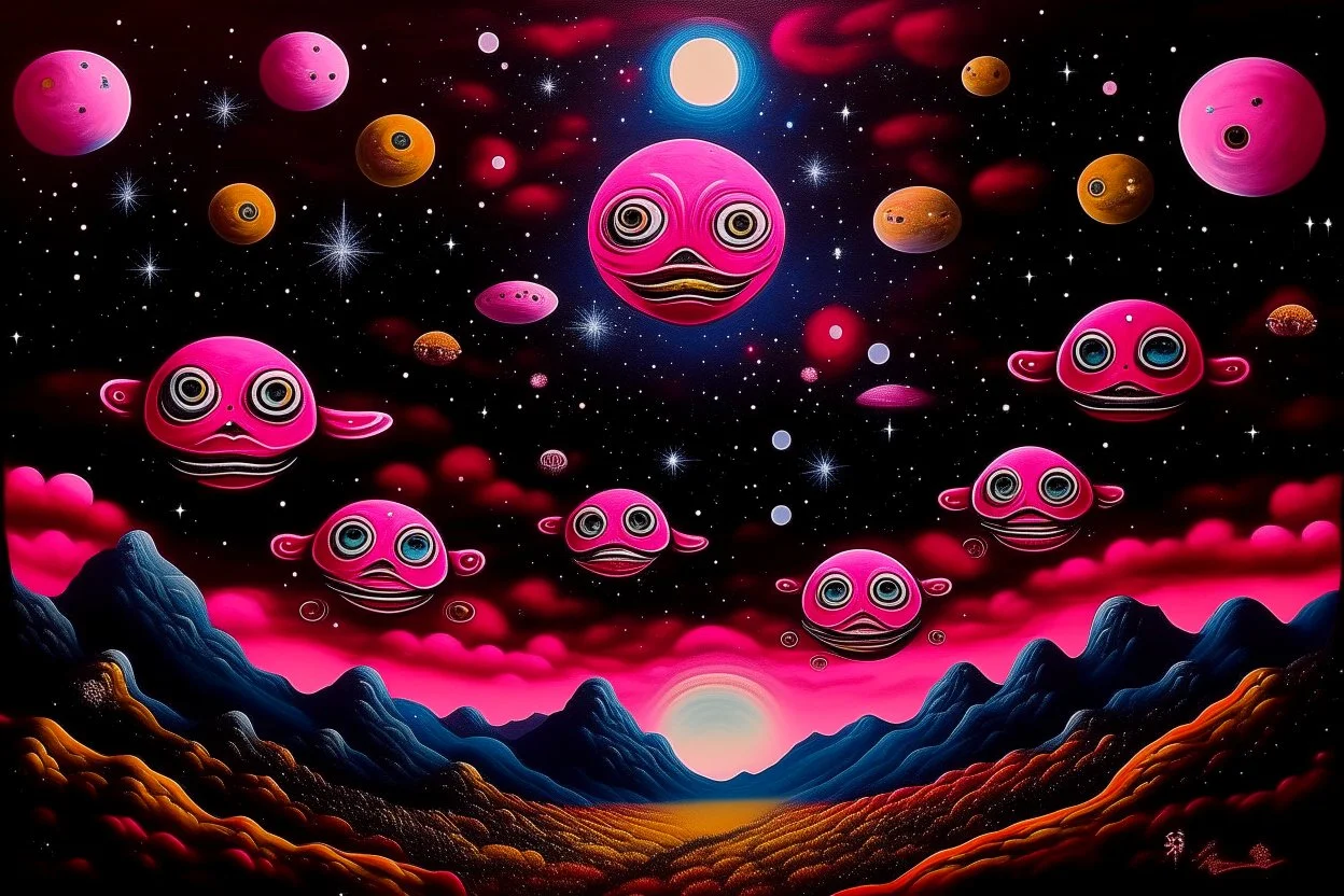 A magenta starry sky with mysterious UFOs designed in Japanese Oni masks painted by Edward Hicks