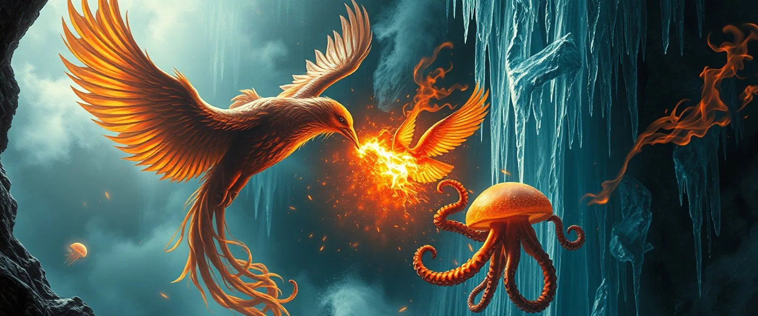 fire smoke and fog and light rays, phoenix jellyfish octopus bird witch in chrome reflective icy waterfall looks beyond really powerful slapping a bird in the face with fire, fantasy illustration, in the style of Rembrandt