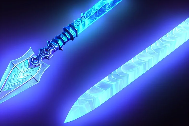 A fantasy straight sword that is made of ice, shimmering with an ethereal blue glow. It's hilt is crafted from swirling vines, leading to a vibrant crystal at the pommel, with a black background.