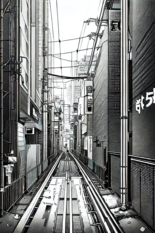 Tokyo alley, line arts, greyscale