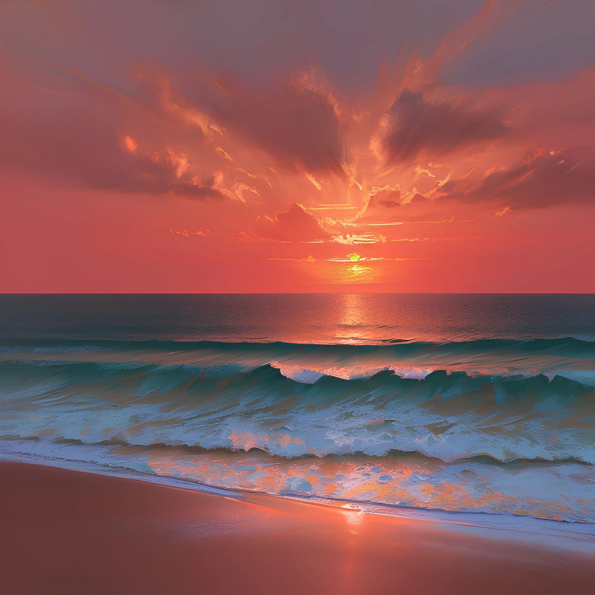 Oil painting of a sunset over the ocean, with orange and pink hues, gently rolling waves, and palm trees, heavily textured brushstrokes, dramatic lighting