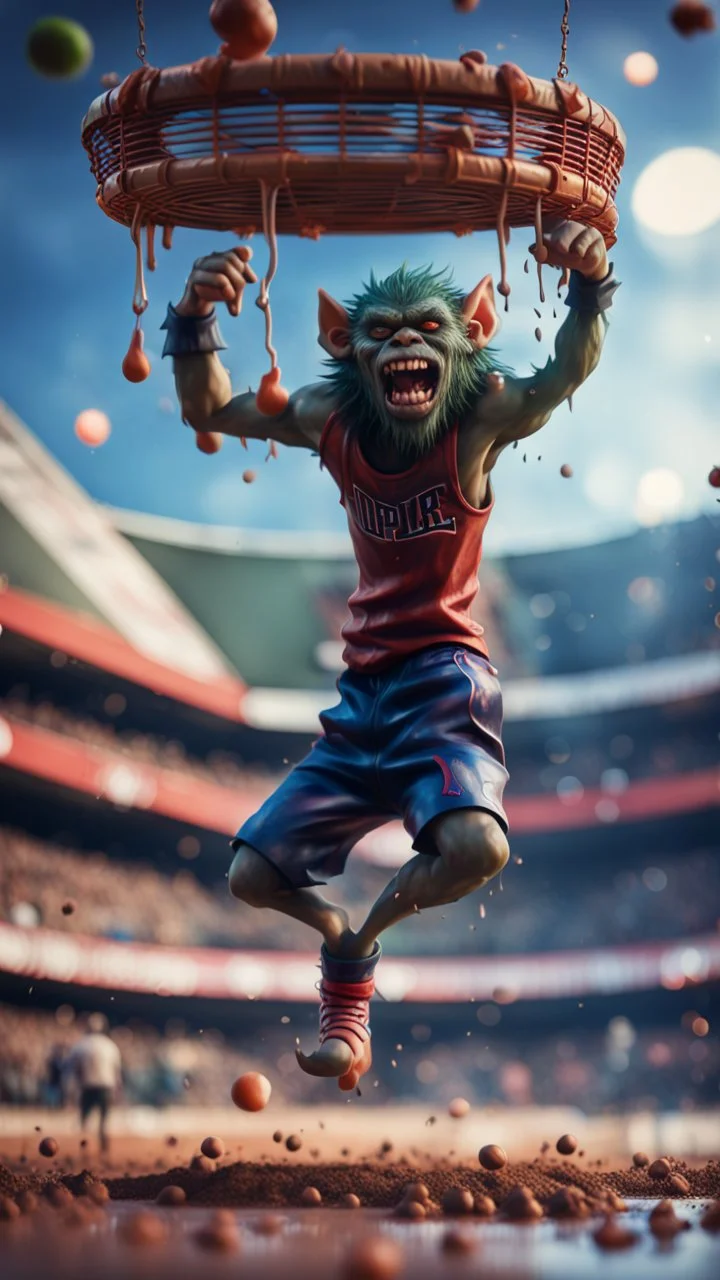 full figure portrait of a giant dunking basket player vampire werewolf goblin gremlin hanging doing a flip over wet soil in front of dome court, in the style of Gorillaz,bokeh like f/0.8, tilt-shift lens 8k, high detail, smooth render, down-light, unreal engine, prize winning