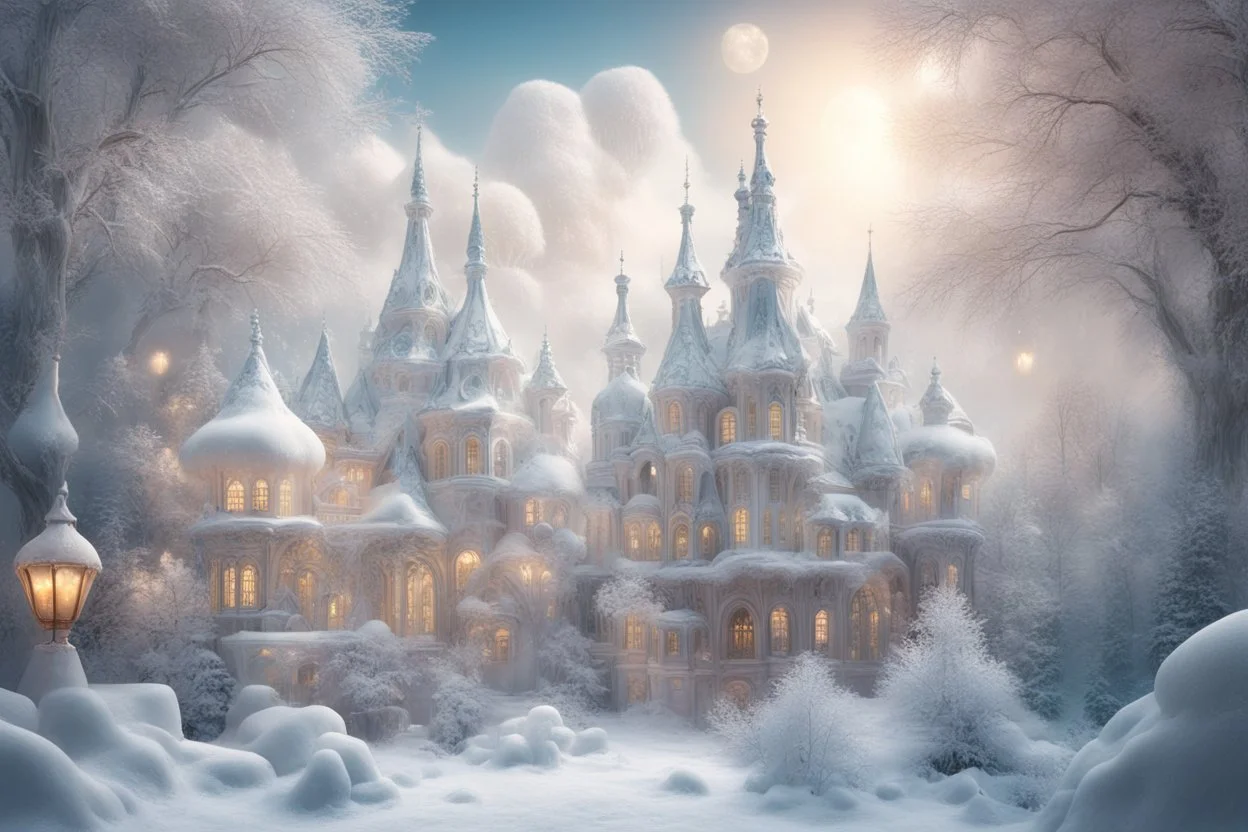 fairy tale city, dream city, landscape in light silver tones, colorful. delicate white velvety clouds, exquisite and filigree, lanterns, ice sculptures in rococo style, snow-covered trees, snow, mystical haze, beautiful, lumen, professional photo, beautiful, high resolution, cgi, f/16, 1/300 s, digital painting with high detail. Dmitry Vishnevsky