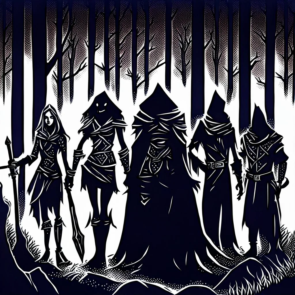 A group of four characters from a fictional book world. A witch, a gladiator, a thief, and an enchanter. The characters are in a dark forest. The characters are shrouded in mystery.