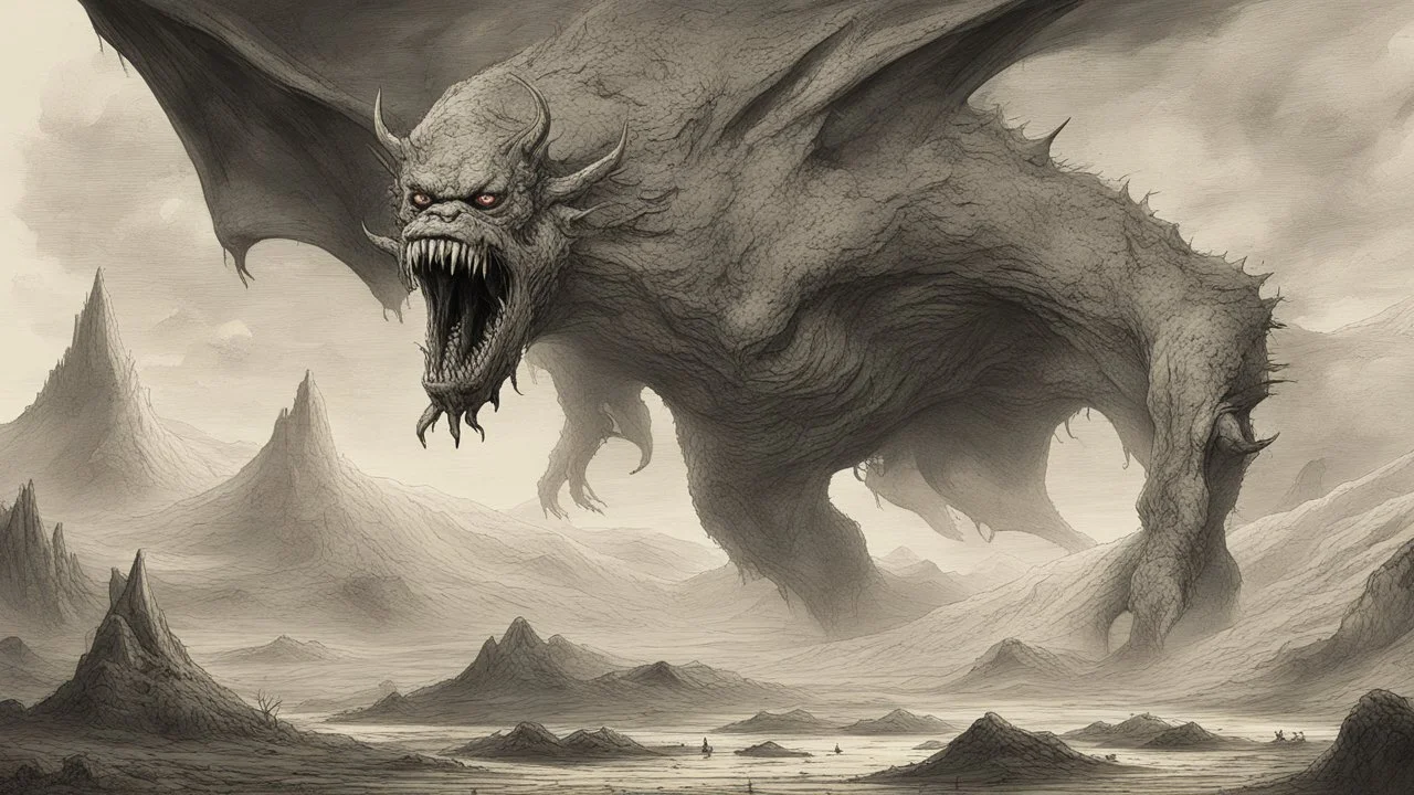 The described image presents an extremely horrifying scene with grayscale colors dominating the picture, creating a dark and eerie atmosphere. In this context, there is a massive, monstrous creature positioned prominently in the foreground of the image. This monster appears to be mythical and intensely frightening, characterized by its terrifying features and its colossal, imposing body that exudes immense power. When one looks at this monster, its face and eyes exhibit horrifying details, seem