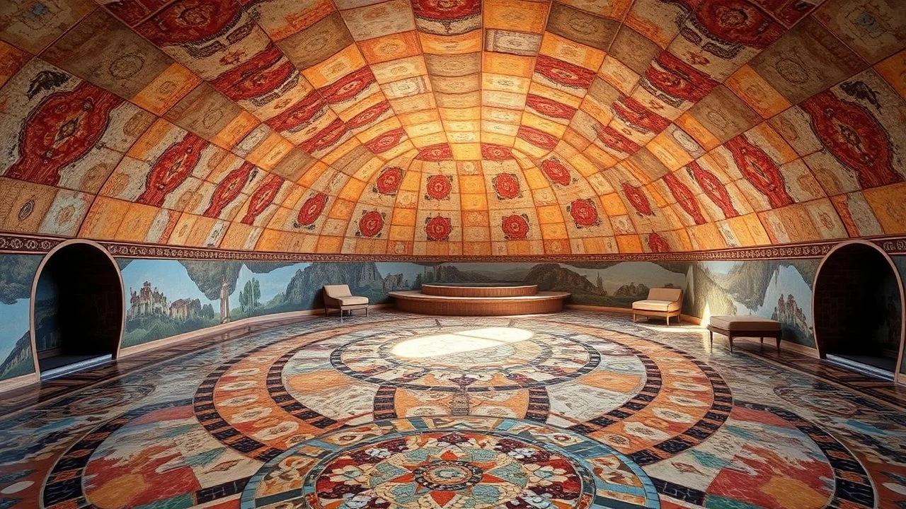 Superb pictorial mosaic floor, tapestry-lined curved walls, curved ceiling, organic shape, relaxation, luxury, dream world, calm beauty, symmetry, fantasy world, magic, beautiful composition, exquisite detail, 35mm lens, adjust perspective