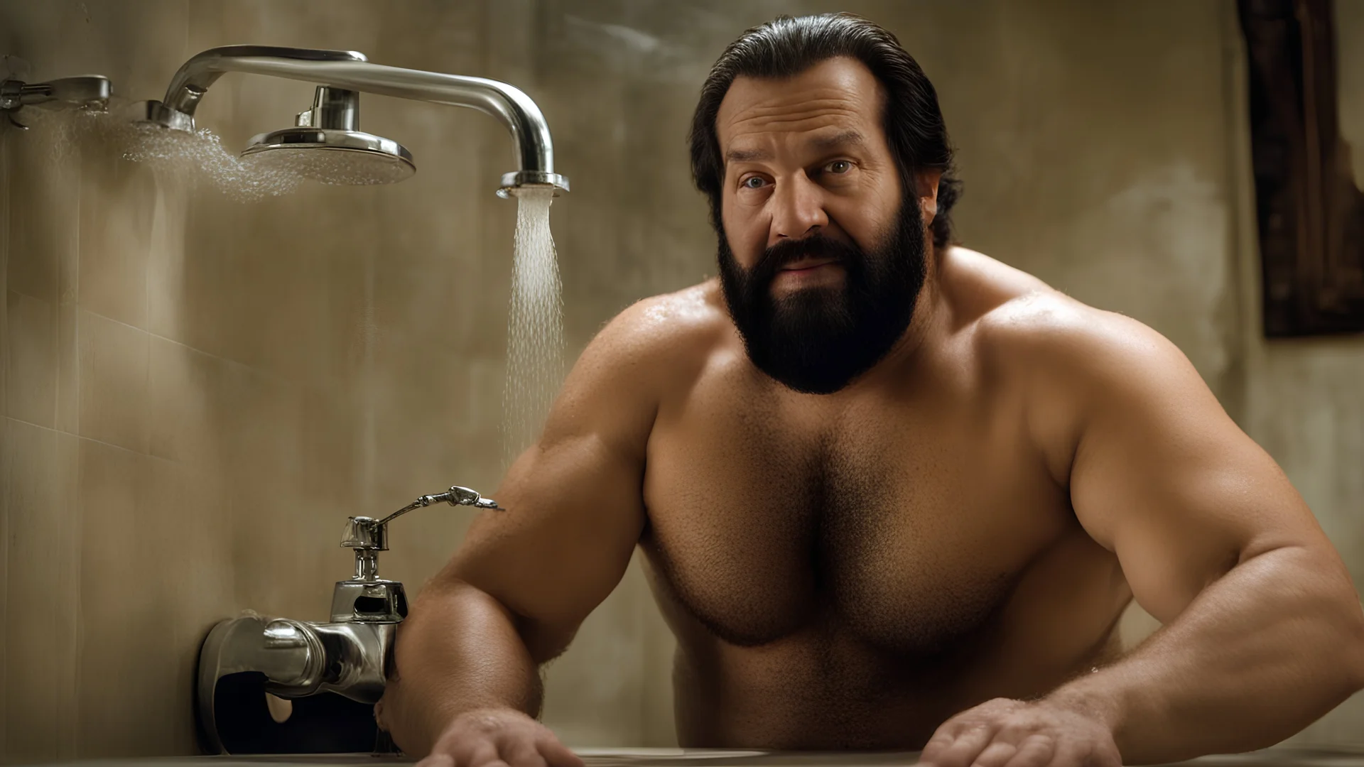 two ugly muscular chubby arab 40 years old similar to bud spencer, very detailed, full figure shot, very realistic photography, dim light, view from below, tiled restroom, tattoo, masculine bearded, white substance dripping from beard, with glue stuck to and dripping from beard,, , mature barely burly bearded muscled and robust