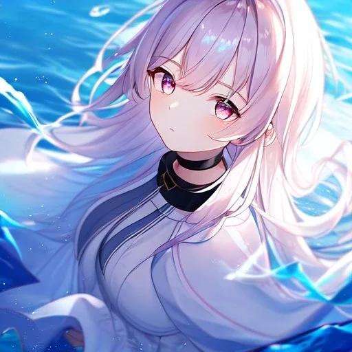 Clear focus,High resolution, Blue long hair, Light pink eyes,Wearing a white cloak,Wearing a pink short skirt,wearing a black collar,Looking away from the viewer, Blurry floating water