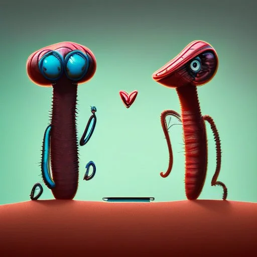 Two cartoonist drawn worms in love, staring at each other, absurdist, retrofuturism, pop art, romantic, gonzo drawing style, beszerk, strange, dune art style