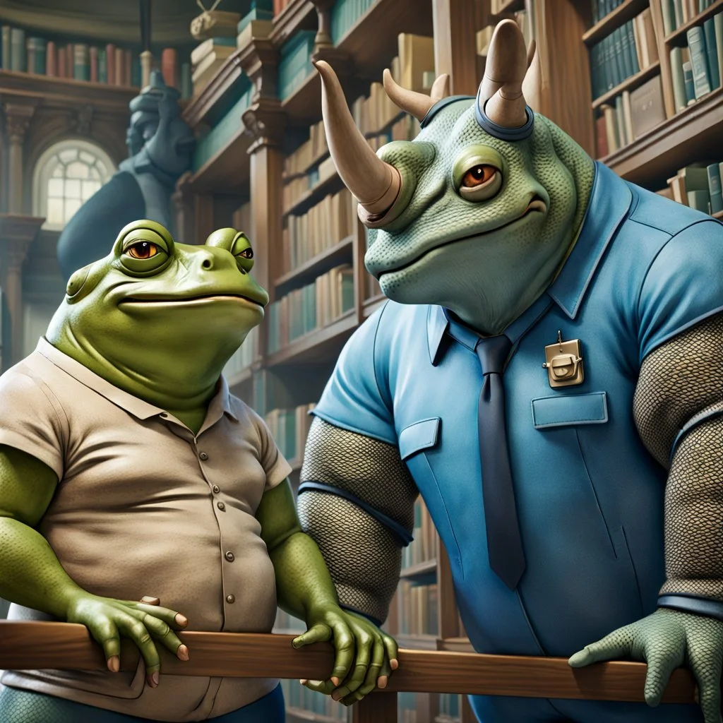 close up photo from a yellow-green color big and fat anthropomorphic frog in simple human clothes talking with a gray strong anthropomorphic rhinoceros without horns in blue modern security guard clothes, they talking and elbowing on an old wooden railing next to each other, in background a bibliothek with tall book shelves, detailed sci-fi, fantasy mood