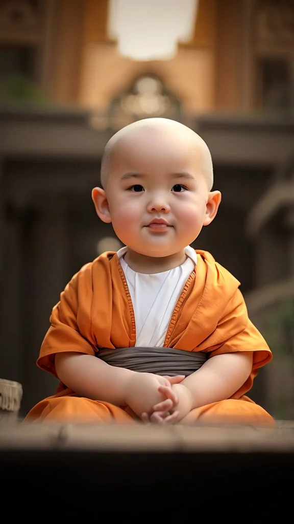 A 3-year-old monk boy with round cheeks, sitting, looking at the camera, light gray monk costume with white neckline, cute and cute, masterpiece, high quality, highly detailed.