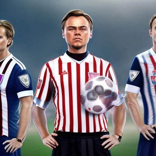 Leonardo Di Caprio in a referee jersey officiating for a soccer match at Wembley Stadium